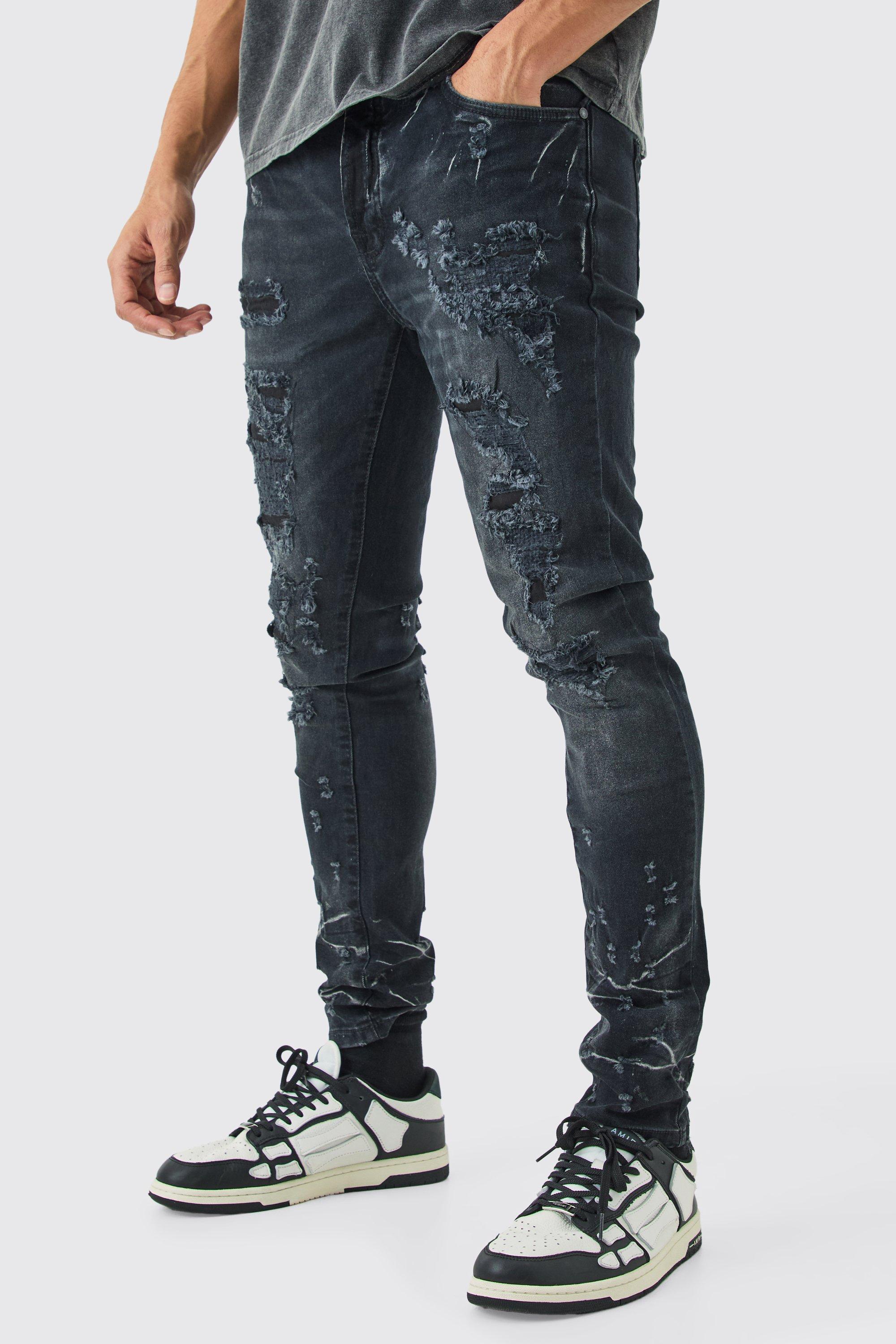 Mens Skinny Stretch Multi Rip Jeans In Washed Black, Black